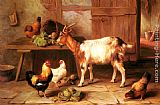 Chickens Wall Art - Goat and chickens feeding in a cottage interior